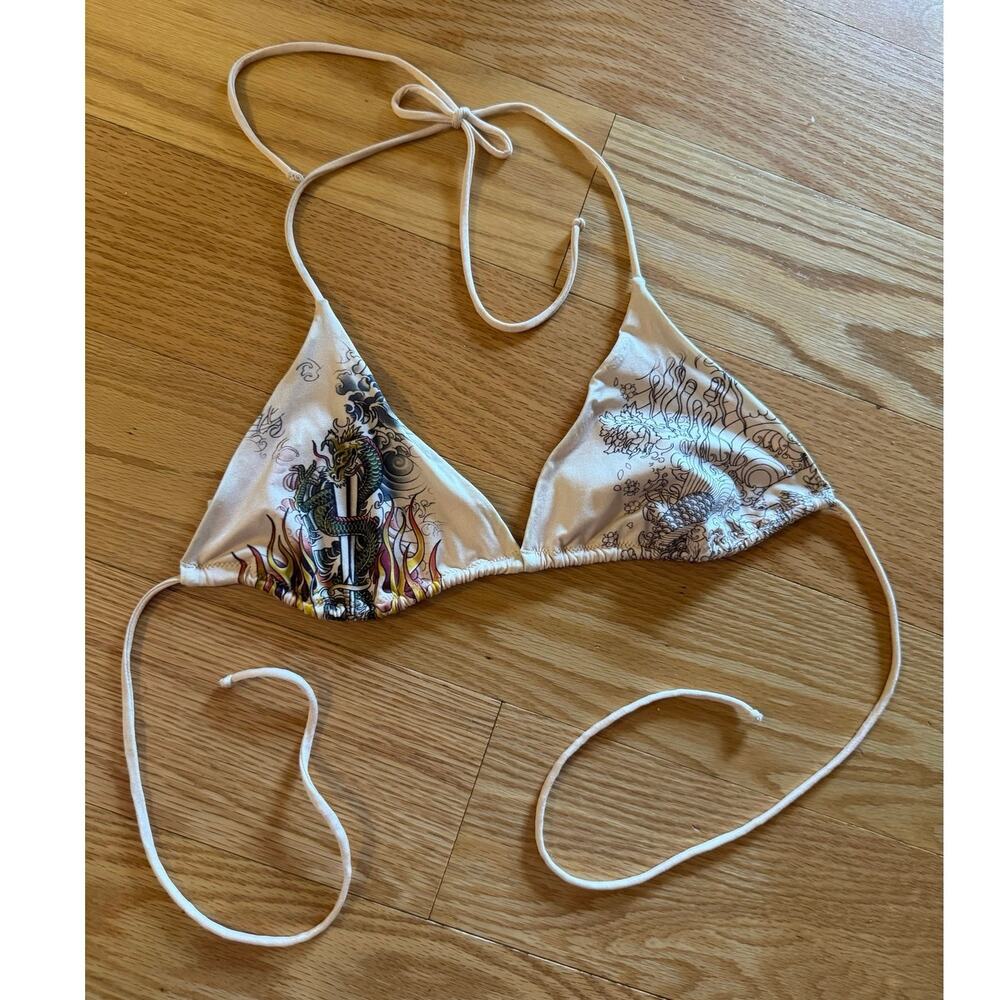 VTG Jean Paul Gaultier x La Perla Dragon Tattoo Bikini Top Silky Nylon Beige